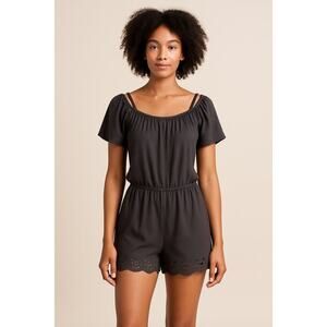 Fabletics Women’s Black Romper Size Small Off Shoulder Eyelet Hem